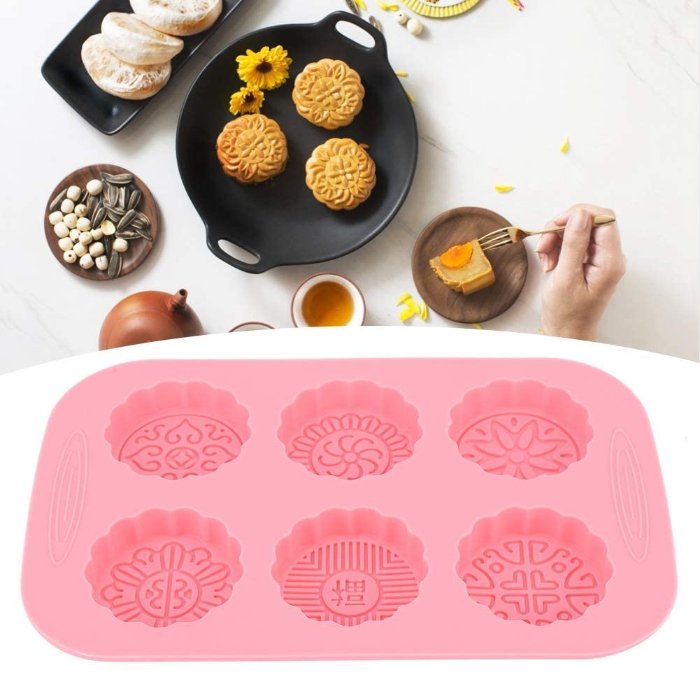 Moon Cake Mold, 6 Slots DIY Mooncake Mold, Pink Silicone Cake Ice Cream Soap Making Mold for Making Moon Cakes, Soap, Chocolate, Cake