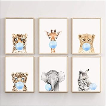 Zzxywh Wildtier Lowe Zebra Elefant Giraffe Tiger Leinwand Malerei Blasen Kaugummi Wandkunst Drucke Poster Kinderzimmer Wandbilder 40x50cmx6 Kein Rahmen Amazon De Kuche Haushalt