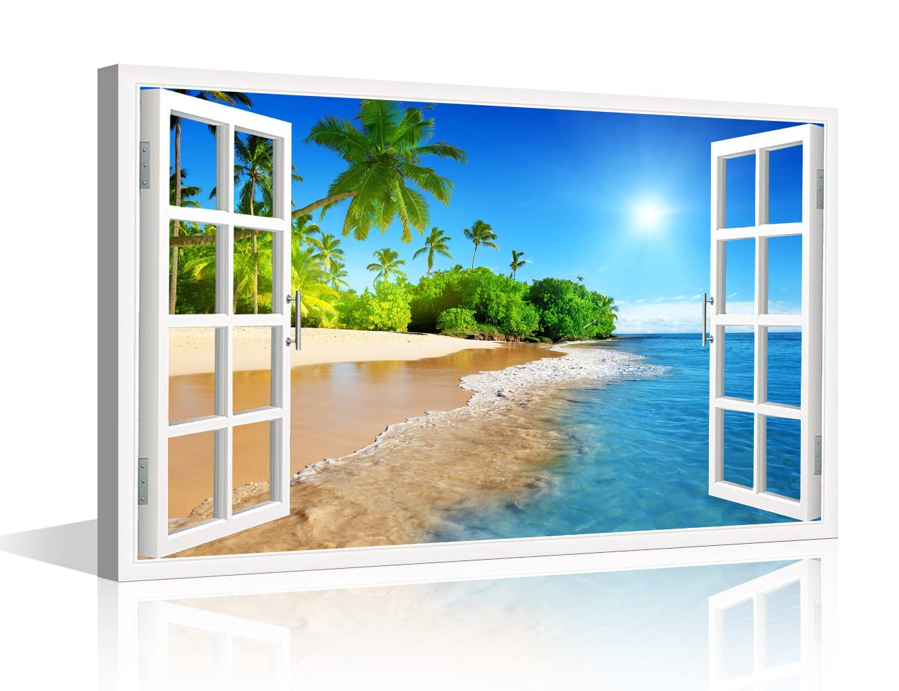TISHIRON Canvas Print Wall Art - Window Frame Style - Beautiful Tropical Beach with White Sand, Clear Sea and Palm Trees Under Blue Sunny Sky Decor Ready to Hang (24''W x 16''H)