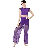 ODASDO Women Two Piece Lyrical Dance Costumes Criss Cross Crop Tops + Mesh Tulle Wide Leg Pants Modern Contemporary Dancewear