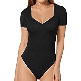 MANGOPOP Sweetheart V Neck Bodysuits for Women Long Short Sleeve Body Suits Tops Shirt