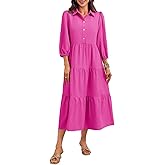 Wenrine Womens Casual 3/4 Sleeve Shirt Dress Button Down V Neck Tiered Collared Flowy Maxi Dress