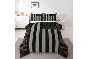 EROSEBRIDAL American Flag Comforter Set Twin Military Camo Down Comforter,Retro Army Green Camouflage USA Flag Bedding Set For Kids Boys Teens Men Bedroom,Black Grey Stars Stripes Quilt Duvet Set 1 Pillow Case