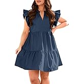 Fisoew Plus Size Dresses for Women Summer Ruffle Short Sleeve V Neck Dress Tiered Swing A Line Babydoll Mini Dress