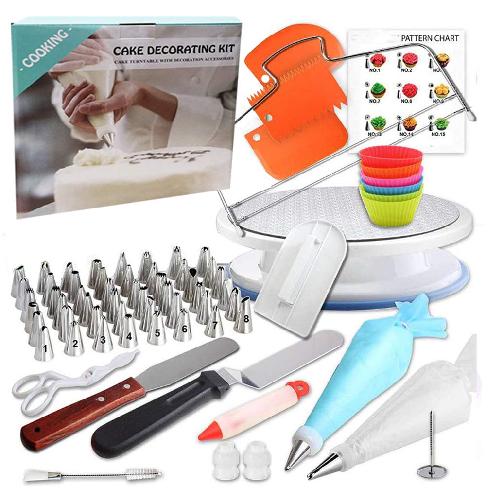 90 Pcs Cake Decorating Supplies kit with Cake Turntable-Cake leveler-48 Piping Tips with Pattern Chart -Straight & Offset Spatula-20 Icings Bags- 3 Icing Smoother Scraper Set for Beginner Cake-Lover