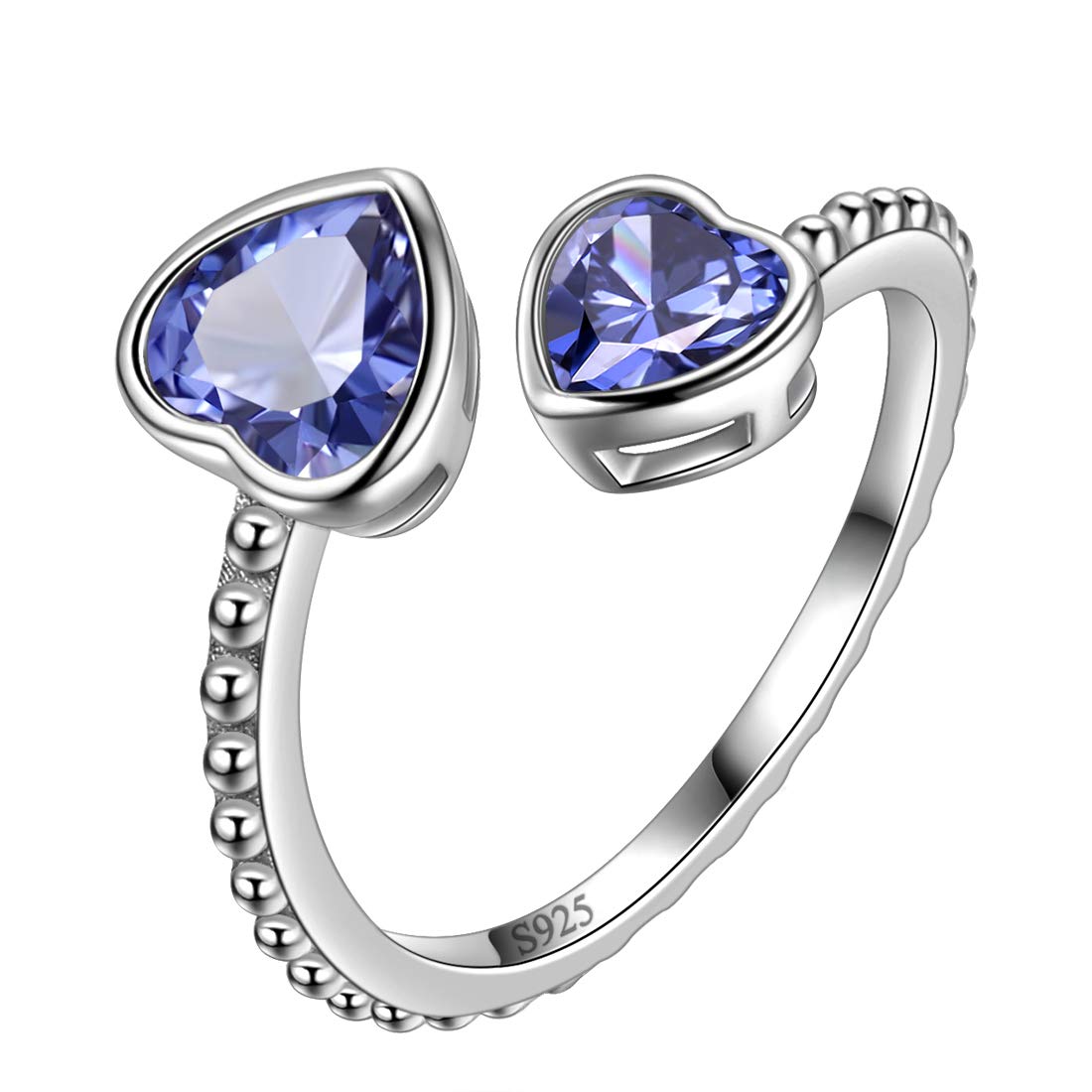 Aurora Tears December Birthstone Love Heart Adjustable Rings 925 Sterling Sliver Birthstone Double Heart Open Ring Birth Stone Jewelry Gifts for Women and Men DR0109U