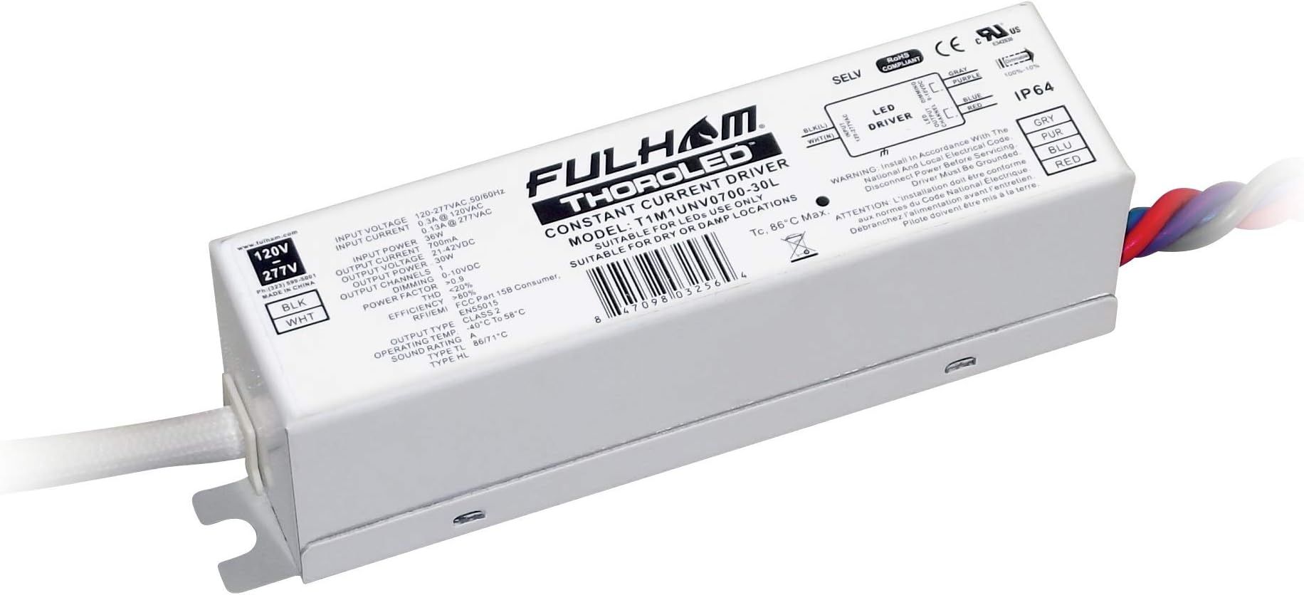 Fulham Lighting T1M1UNV0350-15F ThoroLED-Single Channel-0-10V Universal Voltage Input-350mA Constant Current Output-15W Max-21-42 VDC-Compact Case w/Terminals-IP60 Dimming LED Driver