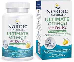 Nordic Naturals Ultimate Omega Plant Based Vitamin with Vitamin D3+K2-60 Vegetarian Soft Gels - 1210 mg Omega-3s Plus 2000 IU
