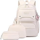 Bansusu 3Pcs Beige Girls Backpack and Lunchbox Set for School Kids, Solid Color Cream School Bag Backpack for Girls with Lunch Bag, Beige