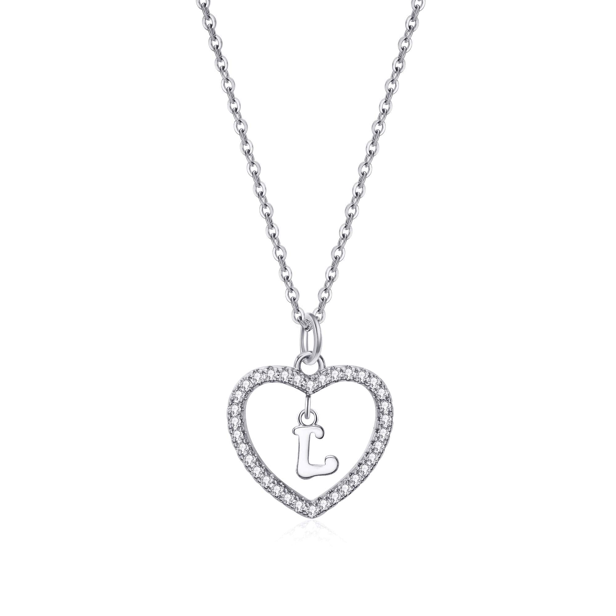 Heart Initial Necklace for Women Personalised Silver Necklace Letter L Name Pendant a Necklaces CZ Jewelry Message Card Gifts for Girls