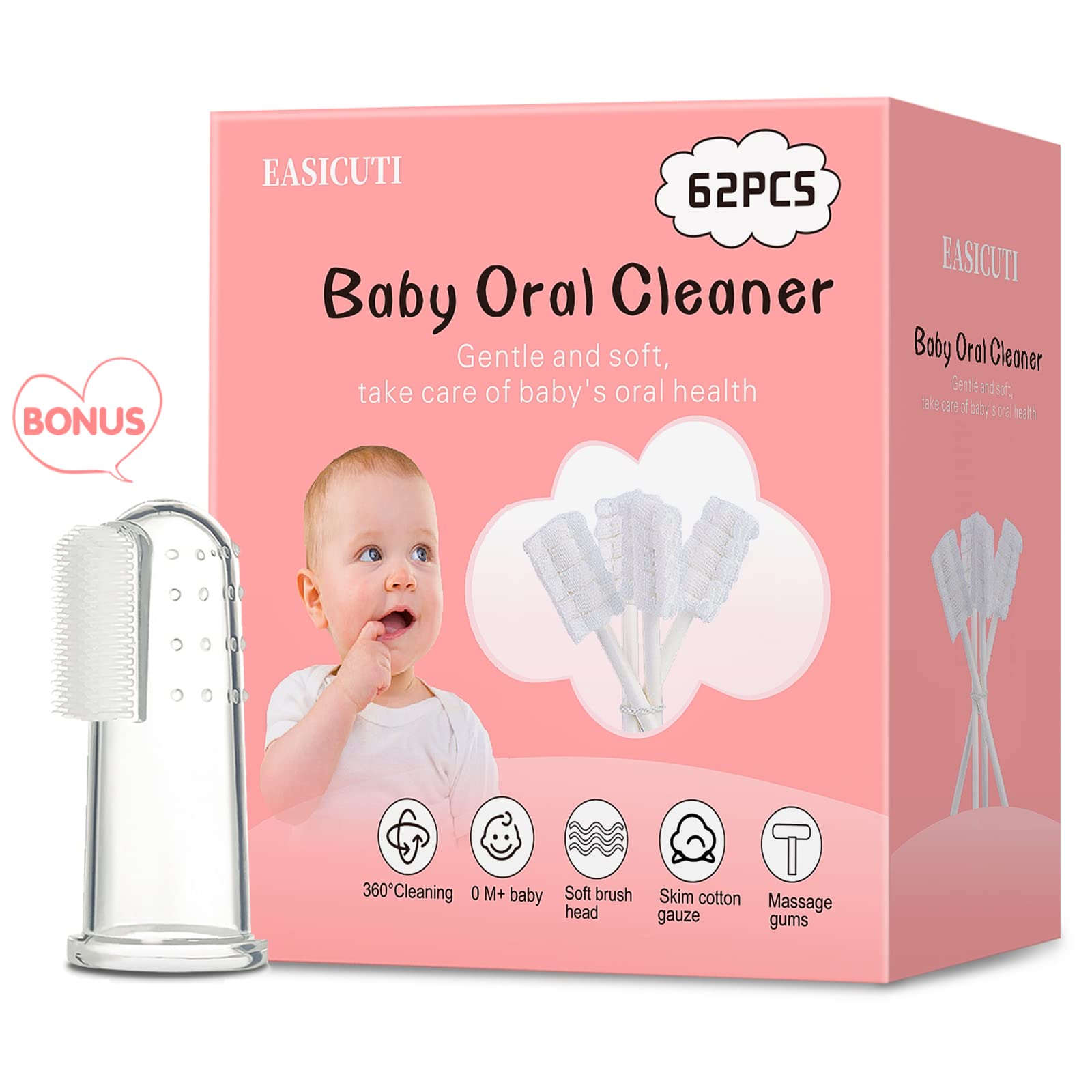 EASICUTI 62PCS Baby Tongue Cleaner, Baby Oral Cleaner Newborn Baby Toothbrush,Disposable Infant Toothbrush Clean Mouth,Gauze Gum Clean Stick Dental Care for 0-36 Month +1 Finger Toothbrush with Case