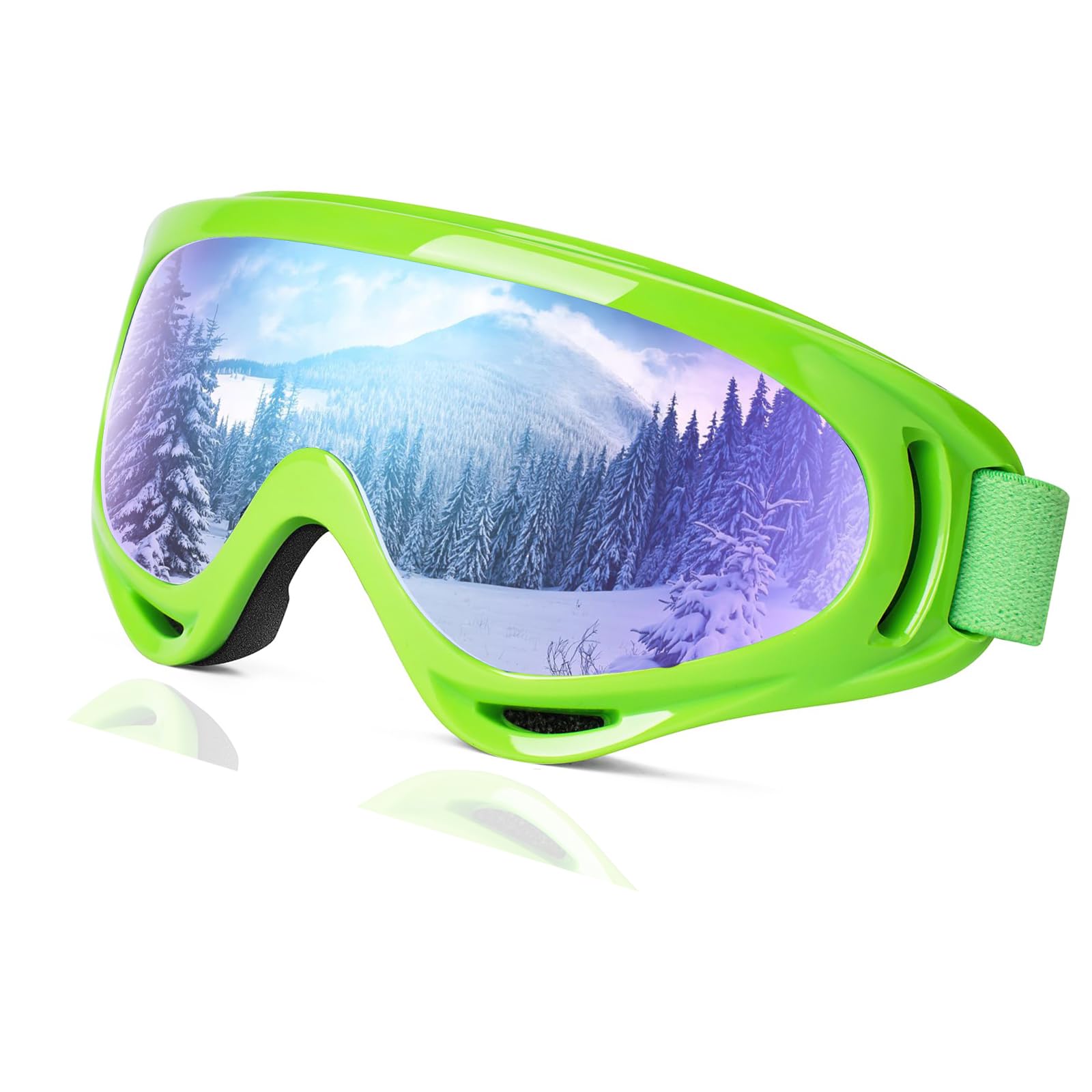 UV Protection OTG Snowboard Goggles - Anti-fog Unisex Winter Eyewear for Men Women Adult Youth, High Optical Clarity, Anti-Scratch, Quality TPU With Soft Thick Foam, Green