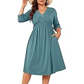 AMCLOS Womens Plus Size Dress V-Neck Elegant Cable Crossover Flowy 2 Pockets Roll up Long Sleeve Casual Party Maxi Dresses