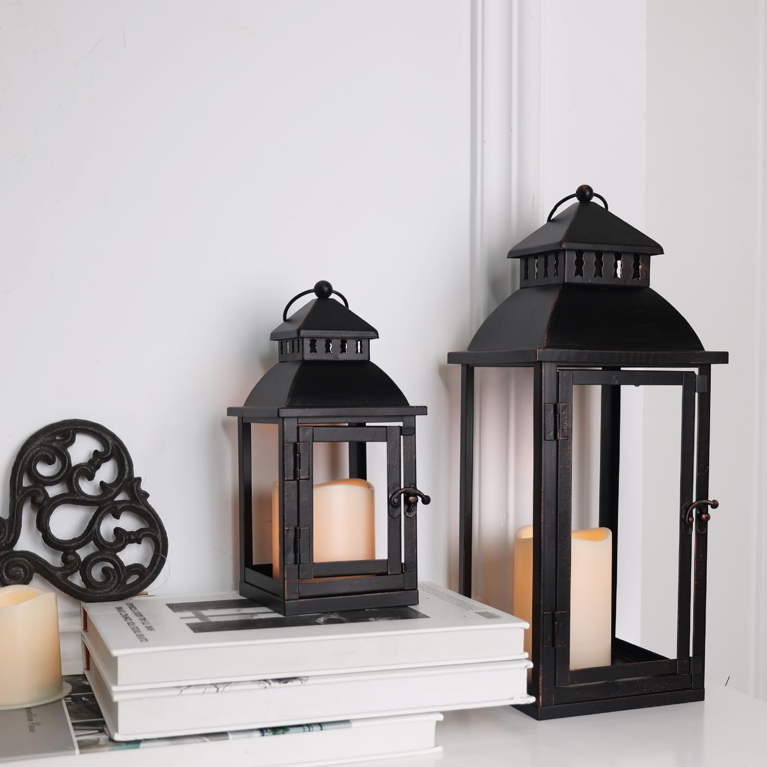 Photo 1 of NEEDOMO LED Lanterns Decorative Outdoor&Indoor, Set of 2 Large Bronze Metal Lantern Decor with LED Candle, Lantern Decor for Porch, Patio, Garden, Balcony, Wedding, Spring Decorations (NO Glass)