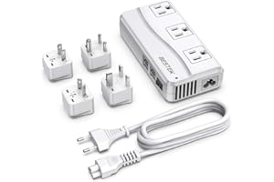 BESTEK Universal Travel Adapter 100-220V to 110V Voltage Converter 250W with 6A 4-Port USB Charging 3 AC Sockets and EU/UK/AU/US/India Worldwide Plug Adapter (White)