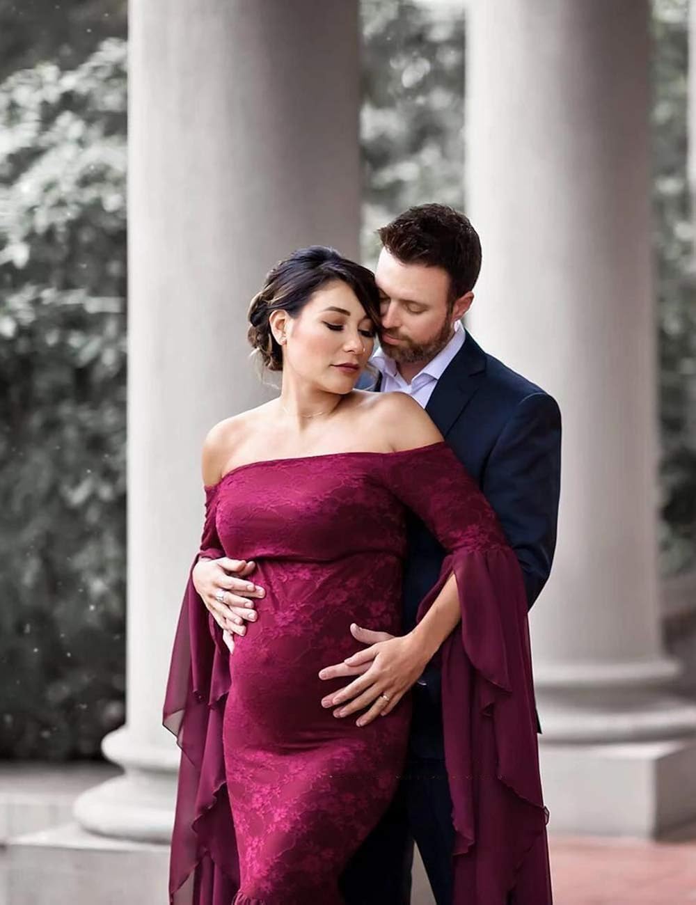 JustVH Women's Off The Shoulder Elegant Fitted Maternity Gown Flare Sleeve Slim Fit Maxi Photography Dress for Photoshoot Burgundy at  Women’s Clothing store