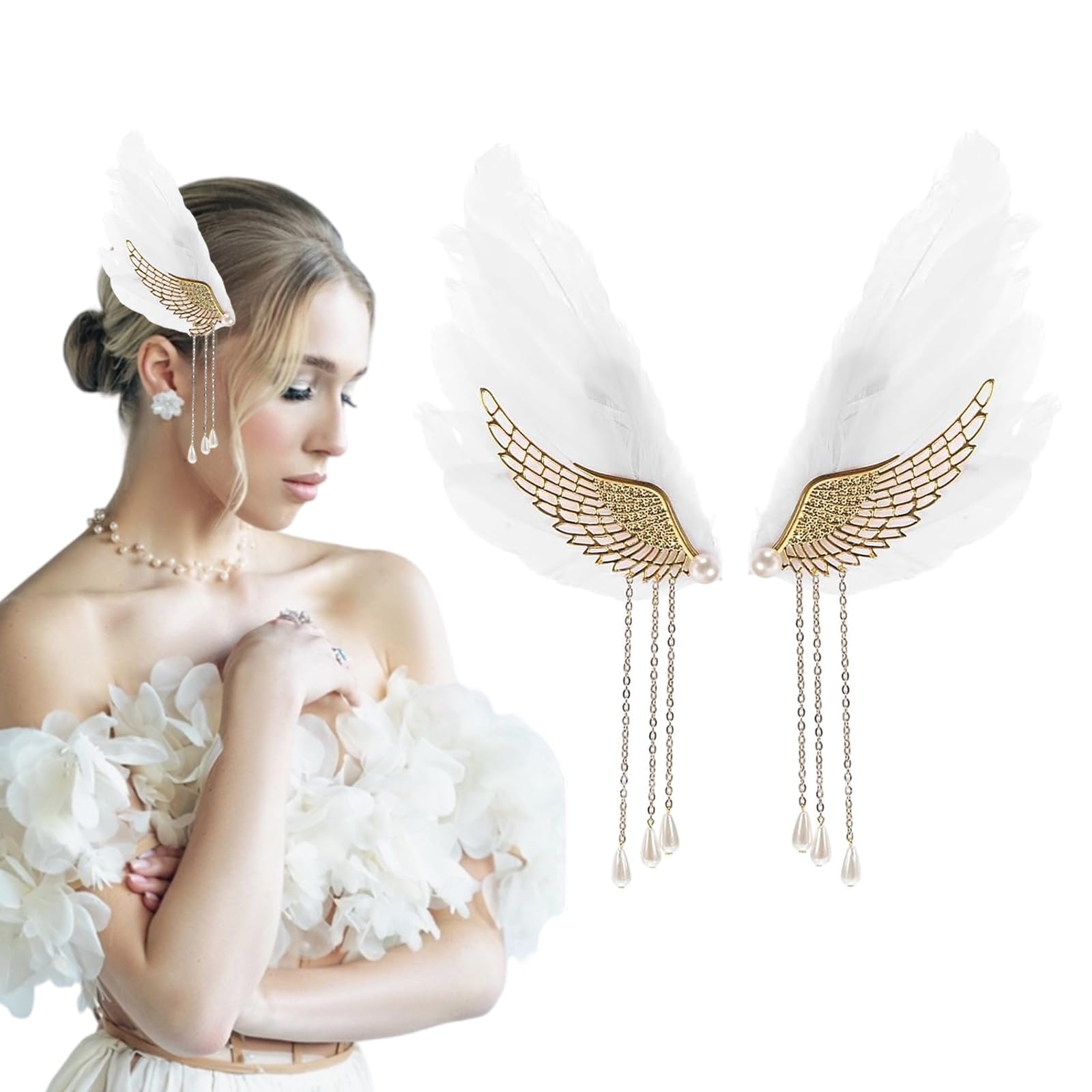 Photo 1 of 2 Pcs Halloween Feather Hair Clips Ostrich Artificial White Swan Feathers Ballet Style Angel Wings Hair Barrettes Hair Pins for Women Wedding Cosplay Party Stage Performance Supplies