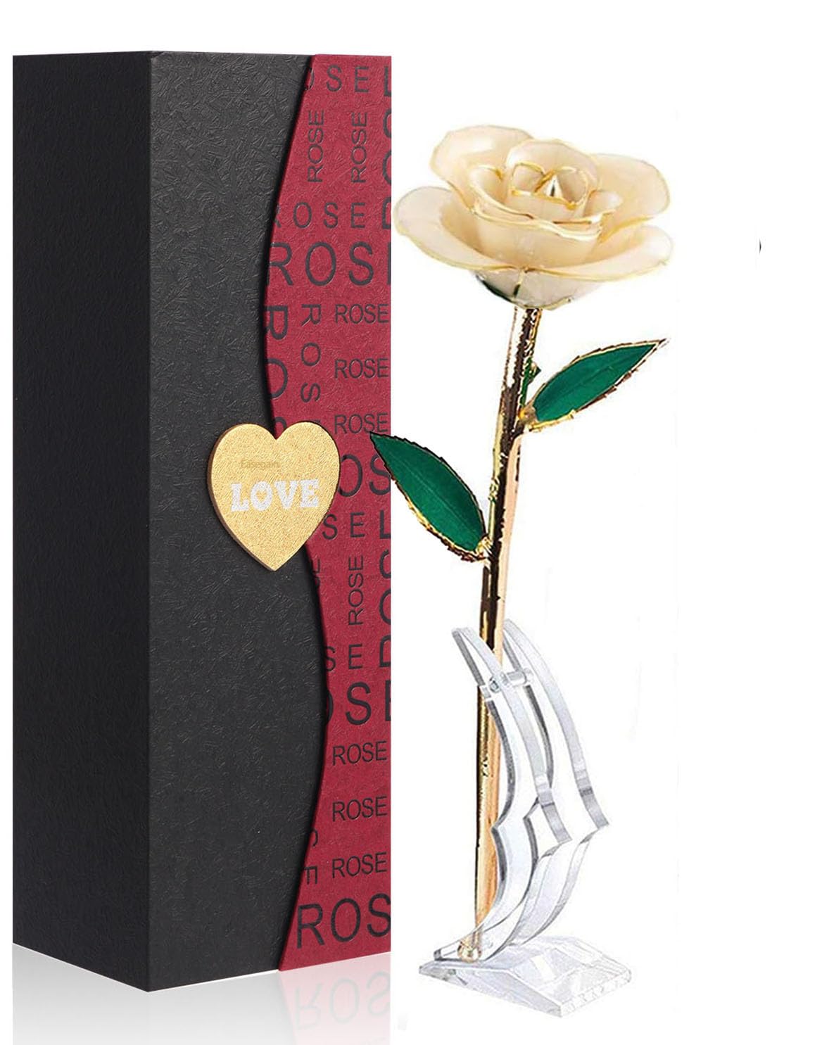 Easegain Gold Dipped Rose White,Dipped in 24k Gold-Long Stem Rose Flowers Artificial for Decoration,Rose Flowers with Transparent Stand & Gift Box,Gift for Mom,Lover,Women,Thanksgiving Day