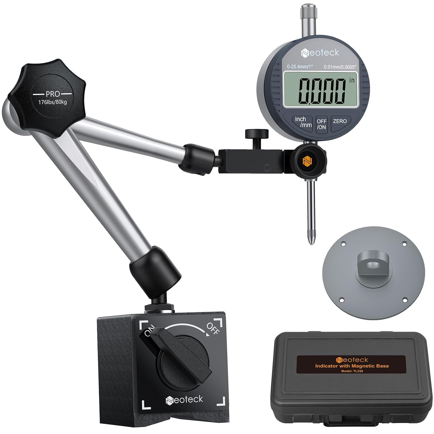 Neoteck Digital Dial Indicator Gauge and Magnetic Base Set, with Storage Case, 0-1inch/ 25.4mm, 0.01mm/ 0.0005" Inch/Metric Conversion Measuring Tool for 3D Printer Lathe Workshop Woodworking- Silver