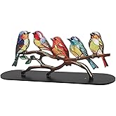 Luqeeg Stained Glass Birds on Branch Desktop Ornaments, Multicolor Hummingbird Craft Statue, Double Sided Acrylic Flatness Table Art, Bird Statue Ornaments for Home Decor (5 Birds)