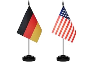 TIBIJOY USA & Germany Desk Flag - Small Mini American & German Twin Table Office Flag, 13" Black Pole & Base