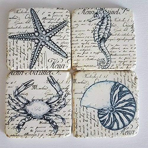 SET OF 4 NAUTICAL CHIC N SHABBY COASTERS CRAB SEAHORSE SHELL STARFISH