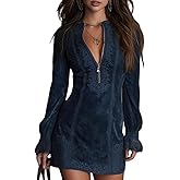 Suede Mini Dress V-Neck Zip-up Western Cowgirl Dress with Lace Trim Long Sleeve Suede Dresses Vintage Western Dresses