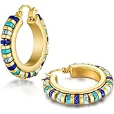 Sngia Large 18K gold plated Teal Blue Beads Natural Stone Dangling Hoop Huggie Statement Earrings for Women, Colorful Preppy Retro Bold Handmade Exaggerated Bohemian Turquoise Jewelry Gifts, Vintage Unique Cute Baroque Dangly Drop Summer Beach Fashion Nickle Free Gemstone Rhinestone Earrings Accessories