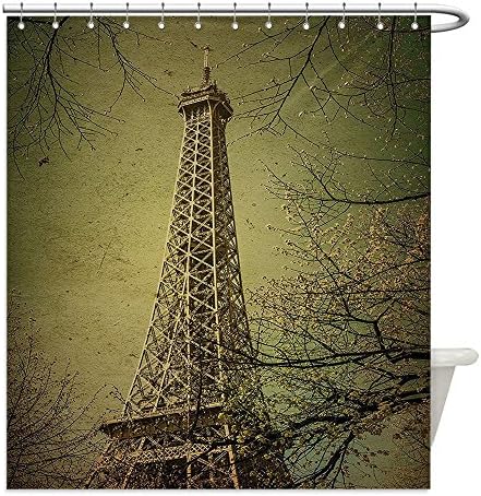 Liguo88 Custom Waterproof Bathroom Shower Curtain Polyester Eiffel Tower Fall Scene Artwork for Home in for Living Room and Dining Accessories Paris Decor with Silky Satin Parisienne Art Olive Gree