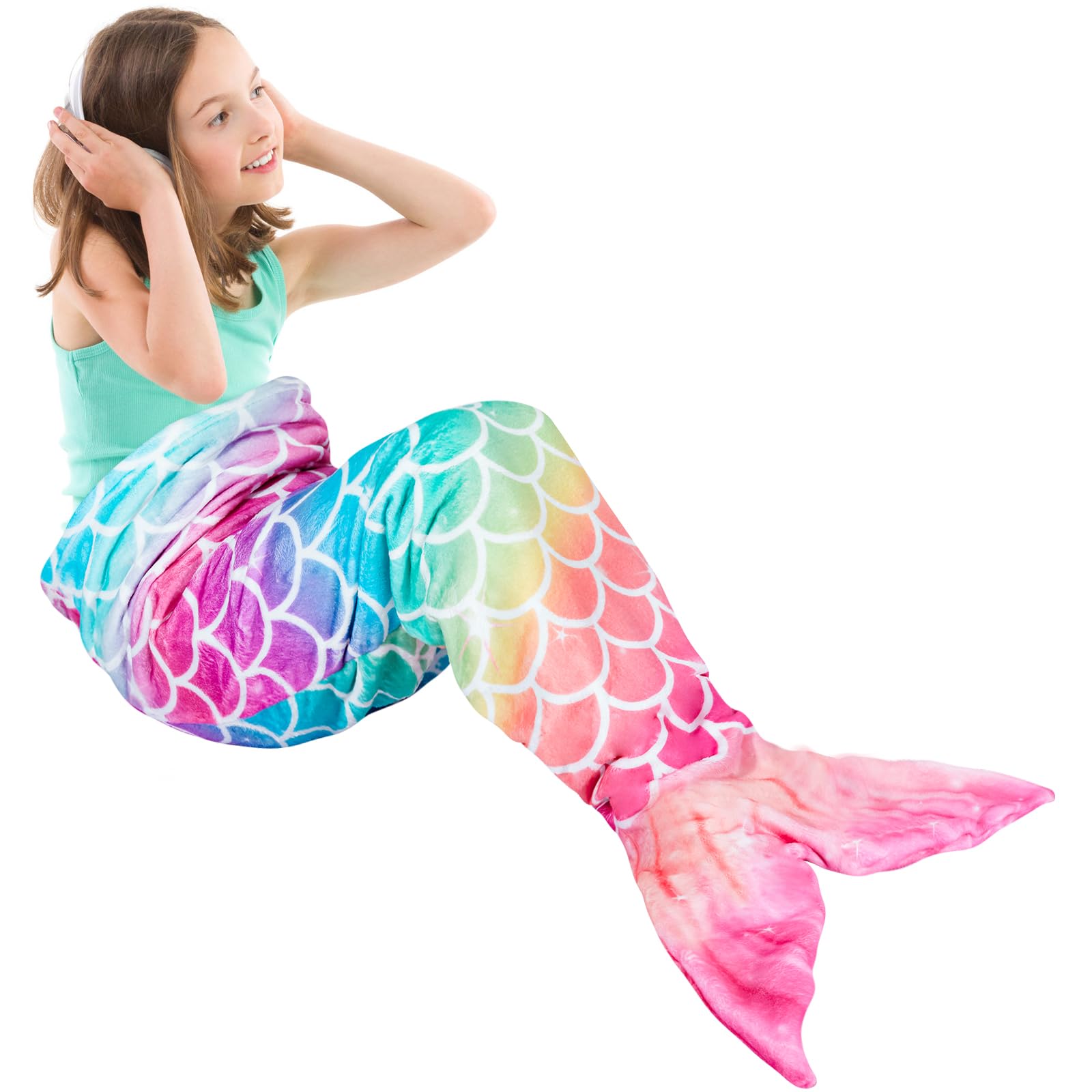 WERNNSAI Mermaid Tail Blanket - Plush Mermaid Wearable Blanket for Girls Kids Teens Rainbow 140cm x 60cm All Seasons Soft Flannel Fleece Snuggle Blanket Mermaid Scale Sleeping Bag