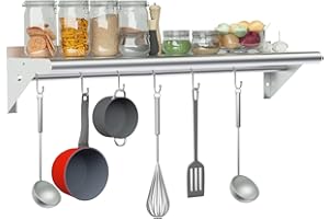 Treshin Stainless Steel Shelf with 6 Hooks 12 x 36 Inches, Commercial Wall Mount Floating Shelving Storage Pot Rack for Restaurant, Kitchen, Home, Bar and Hotel