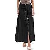 Amazhiyu Women's Summer Beach Crinkle Cotton Gauze Button-Front Slit Maxi Skirt Black, Large