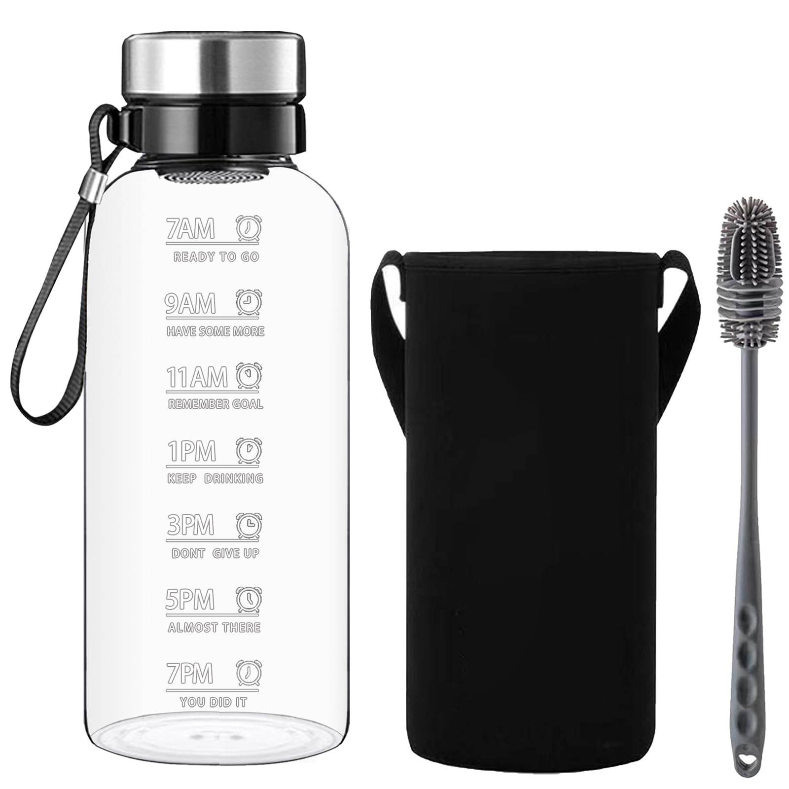 RNCKUUE Glass Water Bottle 1.5 Litre - 1500ml Large Borosilicate Wide Mouth Glass Drinking Bottles With Time Mark, Sleeve, BPA Free
