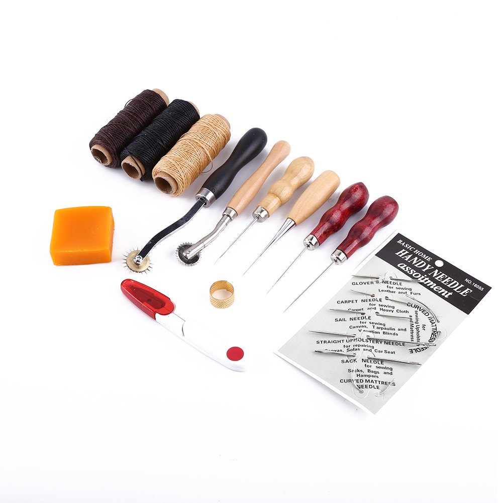 13Pcs Leather Sewing Tools DIY Leather Working Tools with Wax Rope Hollow Awl Needles for Leather Craft Making Leather Tools