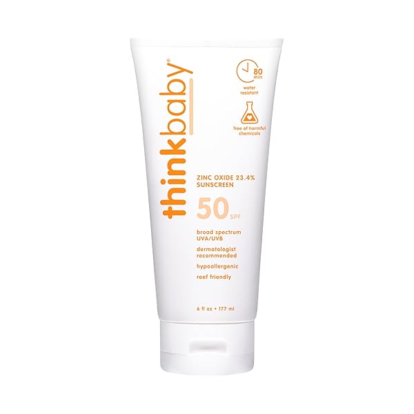 THINKBABY SPF 50+ BABY MINERAL SUNSCREEN – SAFE, NATURAL SUNBLOCK FOR BABIES – WATER RESISTANT SUN CREAM – BROAD SPECTRUM UVA/UVB SUN PROTECTION – VEGAN BABY SUNSCREEN LOTION, 6 OZ.