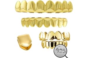 HARLEMBLING Solid 925 Sterling Silver Grillz - 14K Yellow Gold Finish - 6 Or 8 Tooth Or Single Caps/Top & Bottom Grills For Teeth - Real Solid Silver Fronts Don't Change Color