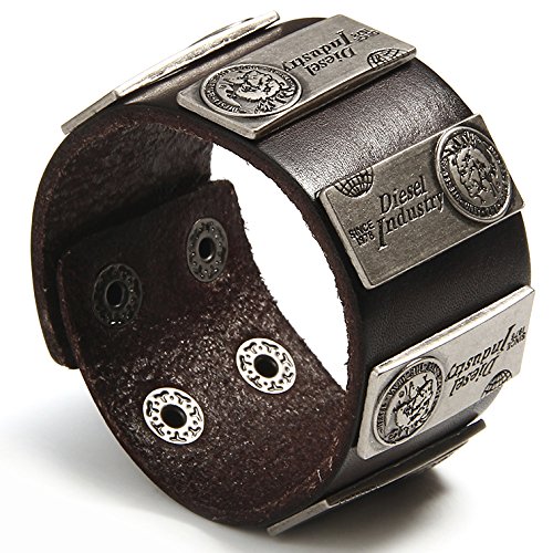 S.S(SportSpirit) Mens Favorite Jewelry Gift Genuine Leather Fashion Jewelry Wristband/ Unisex Leather Bangle Cuff Bracelet/ Diesel Bracelet, Retro Punk Rock Style, Fits 7