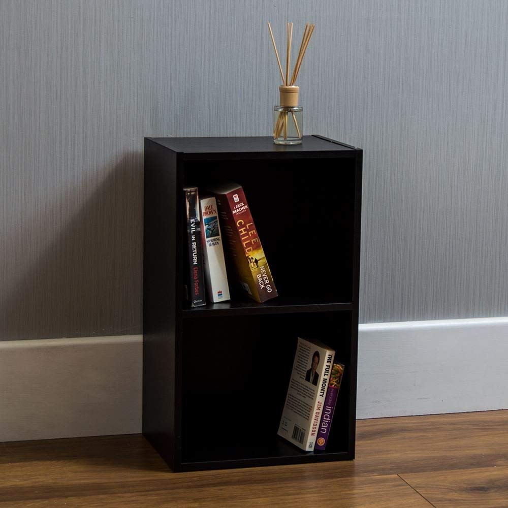 Small 2 Tier Cube Bookcase Bookshelf Black Wooden Shelving Display