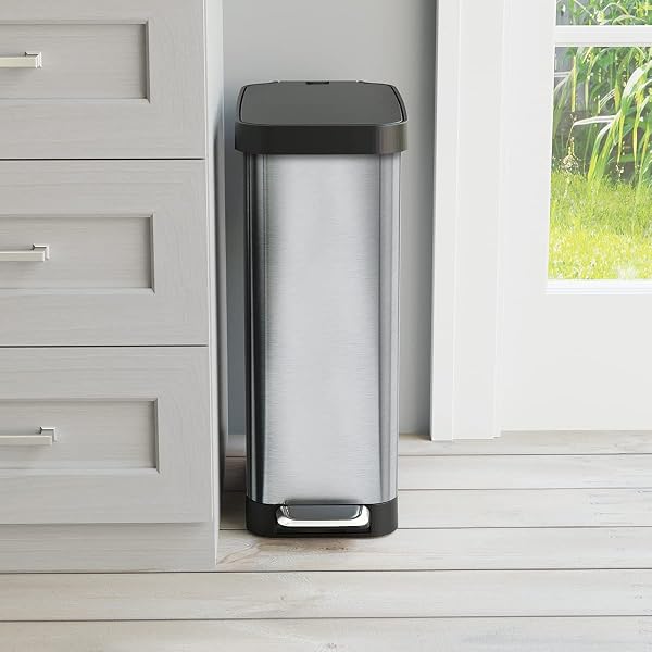 GLAD SLIM TRASH CAN WITH CLOROX ODOR PROTECTION – NARROW KITCHEN GARBAGE BIN WITH SOFT CLOSE LID, STEP ON FOOT PEDAL AND WASTE BAG ROLL HOLDER, STAINLESS STEEL, 12 GALLON/45 LITER