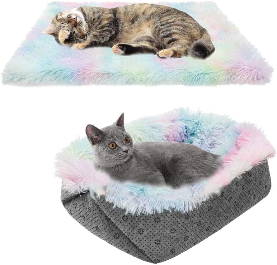 Mihachi Self Warming Cat Bed/Mat for Indoor Cats - Pet Bed Cushion for Small Dogs, Warm Cave, Soft Colorful Plush Fluffy Puppy Sofa with Anti Slip Bottom