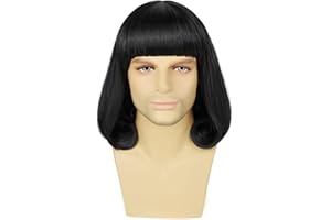 Wallden Hair Unisex Black Bob Wig with Full Bangs Short Straight Heat Resistant Synthetic Black Costume Wigs Mens Cosplay Halloween Party Wig