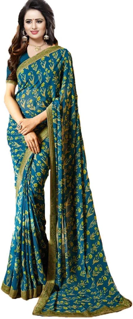 Rajeshwar Fashion With Rf Women's Georgette Printed Sarees Jequard Lace Work Saree With Blouse Piece (NEW,A23 SKY BLUE Multicolored_Free Size 6.30 Mtr)