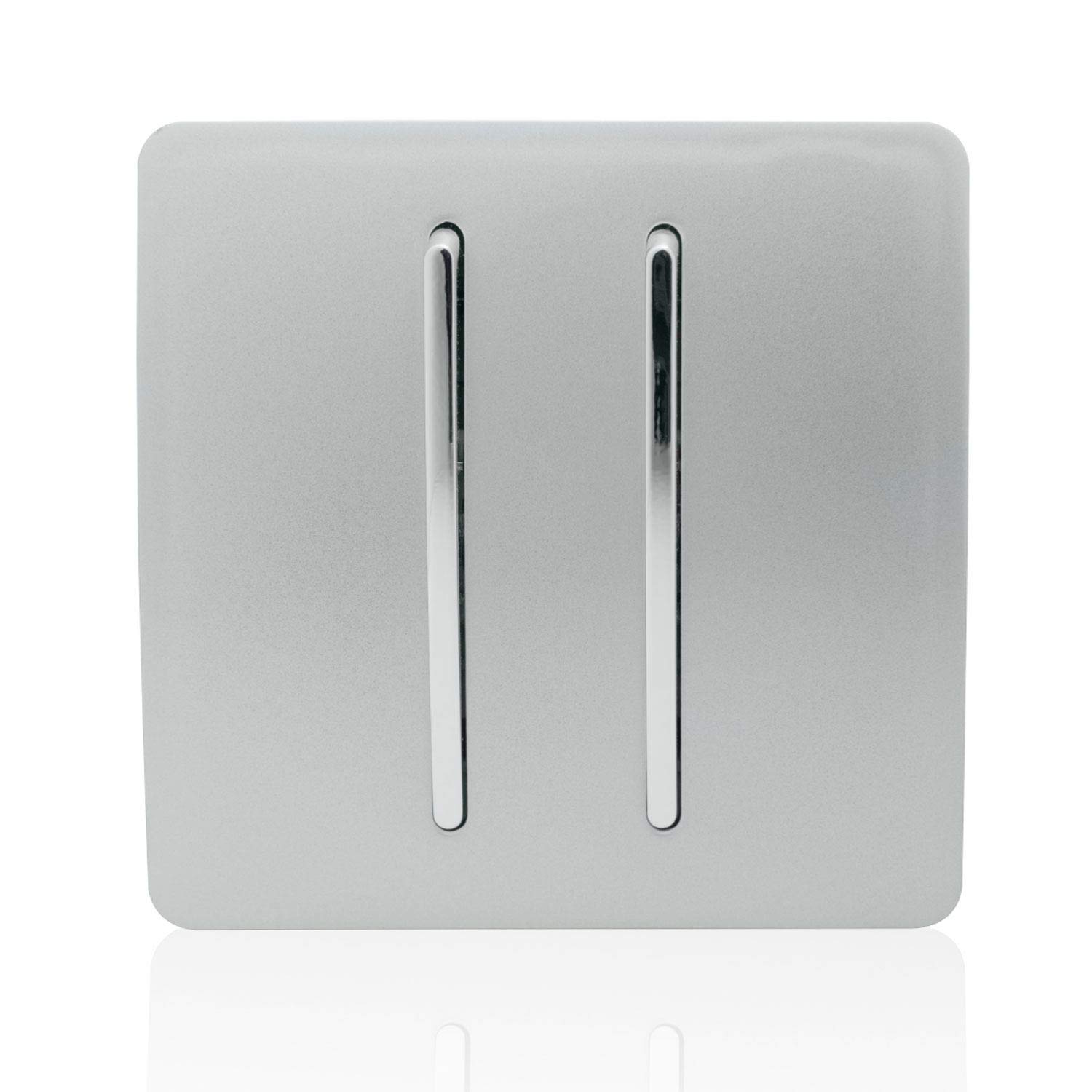 Trendi 2 Gang 2 Way 240V Screwless Raised Front Plate Plastic Artistic Modern Glossy 10 Amp Chrome Rocker Single Electrical Wall Light Switch Platinum Silver - ART-SS4SI