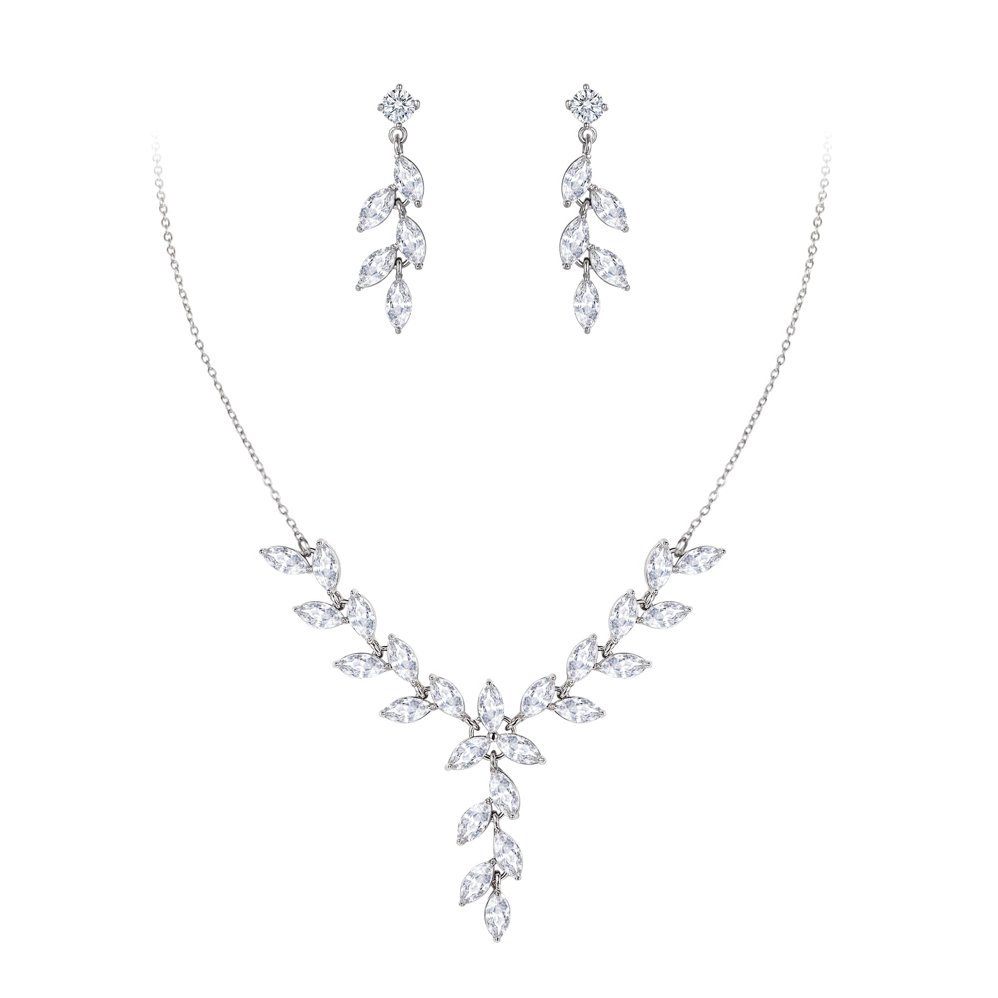 Clearine Wedding Jewellery Set for Bridal Bridesmaid Marquise CZ Cluster Y-Shape Pendant Necklace Dangle Earrings Set Clear Silver-Tone