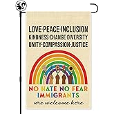 LAGZDFC No Hate No Fear Immigrants Are Welcome Garden Flag, Double Sided Farmhouse Outdoor Lawn Decor Yard Flag Gifts, Peace Equality Lover Gifts, Pro Immigration Banner, Social Justice Sign