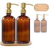 Glass Soap Dispenser Set, Hand and Dish Soap Dispenser Set with Bamboo Tray Modern Farmhouse Kitchen(Brown