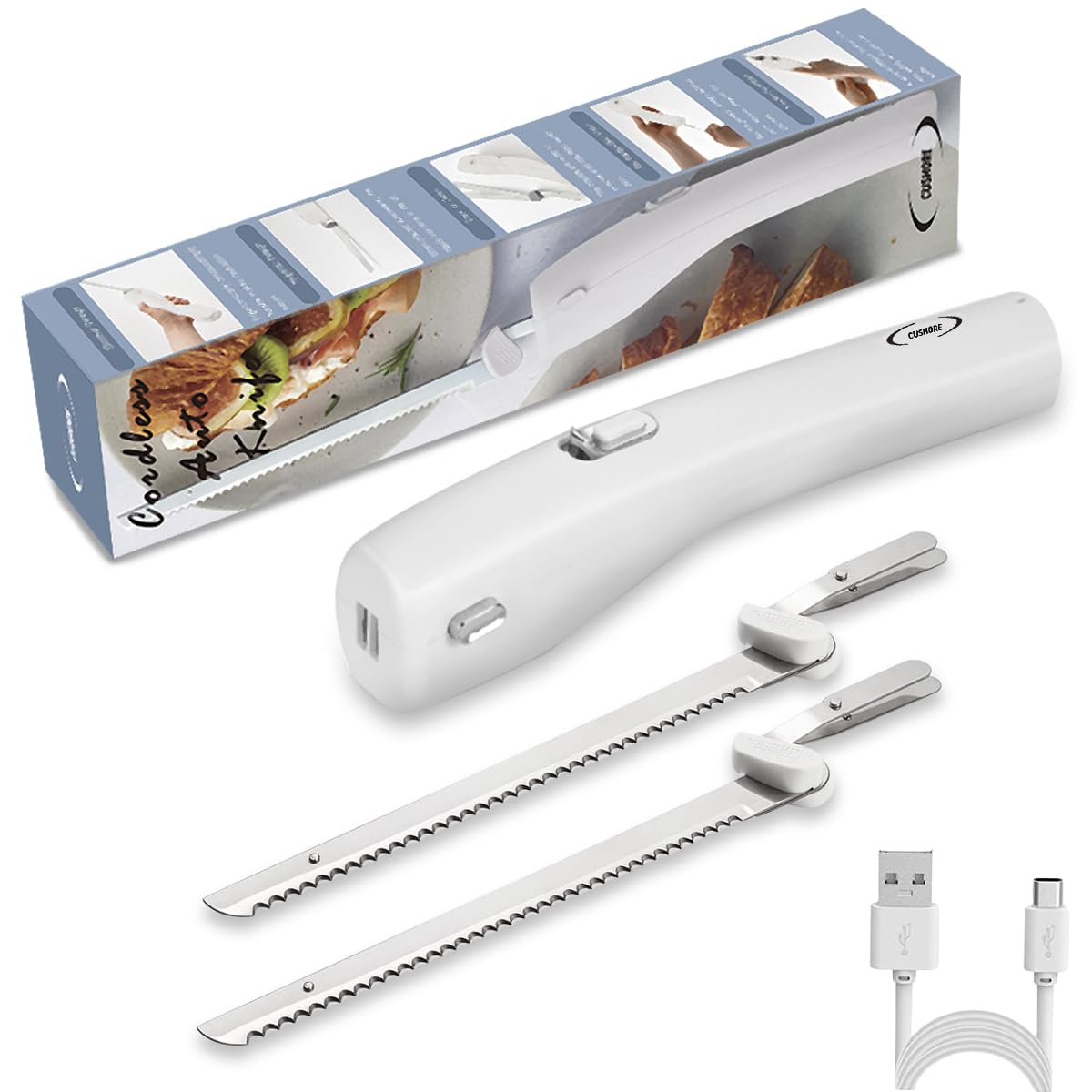 Photo 1 of Cushore Cordless Electric Knife Rechargeable Easy-Slice Bread Knife with 4 Reciprocating Serrated Stainless Steel Blades, Carving Meats, Poultry, Bread, White