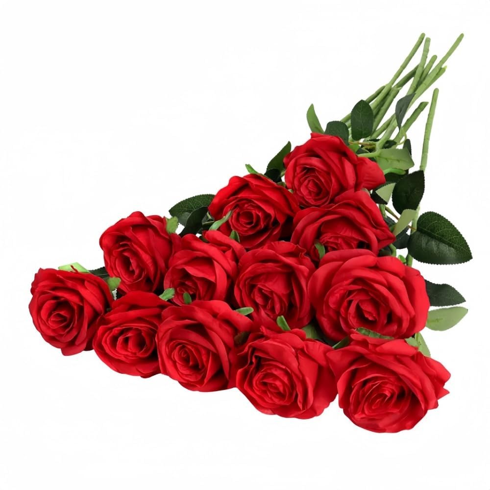10 Pcs Artificial Roses, Red Fake Roses Artificial Flowers, with Stems Fake Artificial Red Roses Silk Flowers, for Home Garden Party Hotel Office Decor