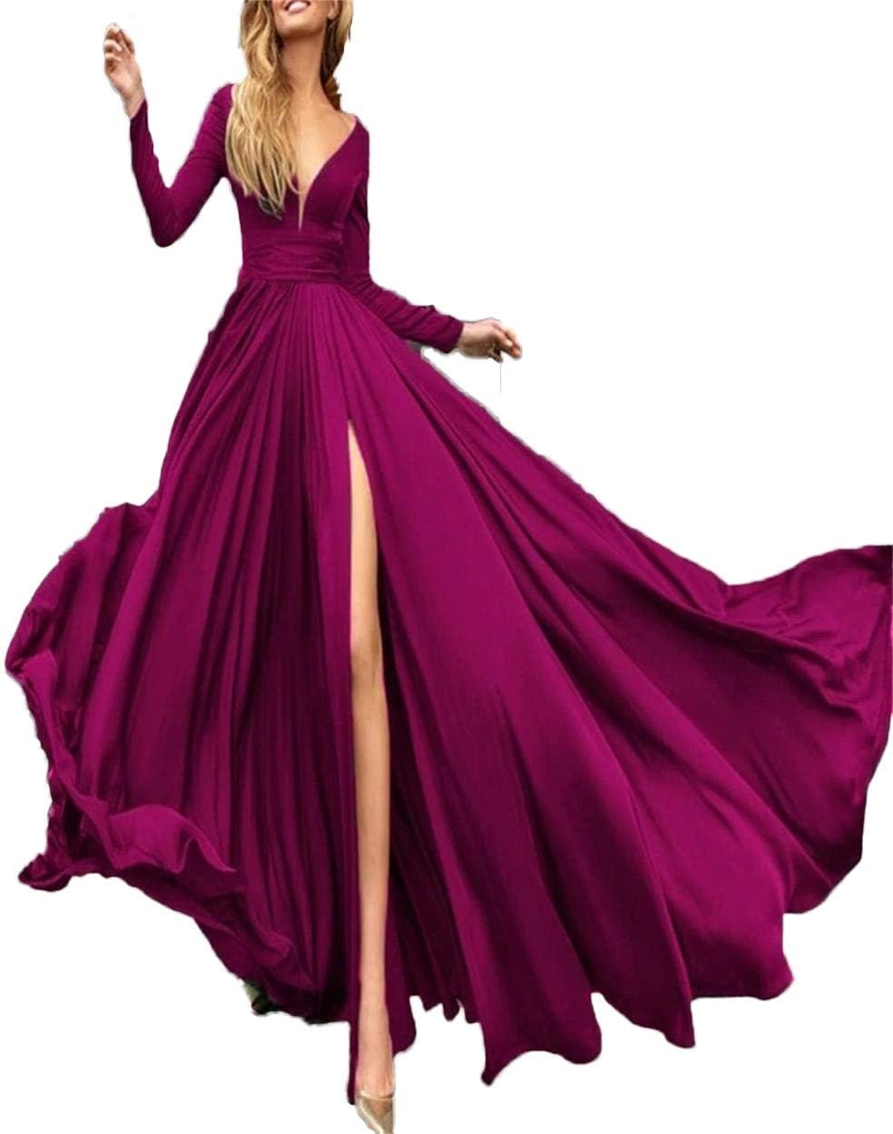 SSPBridal Long Sleeves Plunge V-Neck Prom Dress Evening Gowns Front Split Long Evening Party Dresses Formal pp118