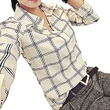 Shouhengda Women Chiffon Lapel V-Neck Blouse Plaid Button Down Tops